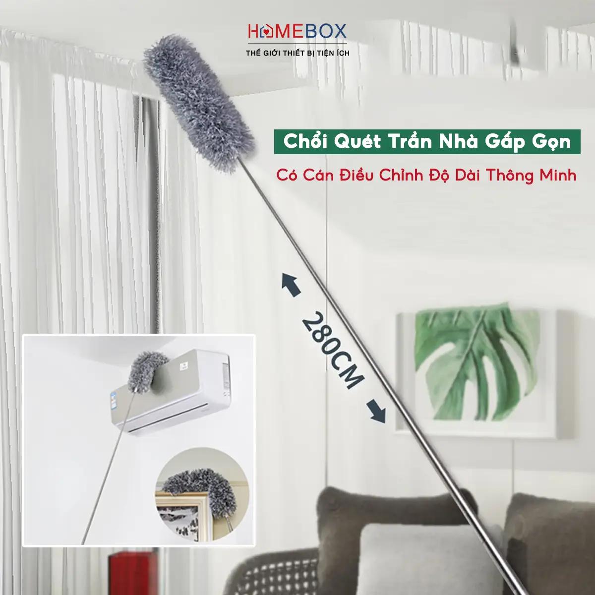Chổi Quét Trần Nhà Có Cán Điều Chỉnh Độ Dài Tới 2,8m Cây Phất Trần Quét Mạng Nhện, Lau Chùi Bụi Bẩn Trên Cao Vệ sinh Điều chỉnh được Lông
