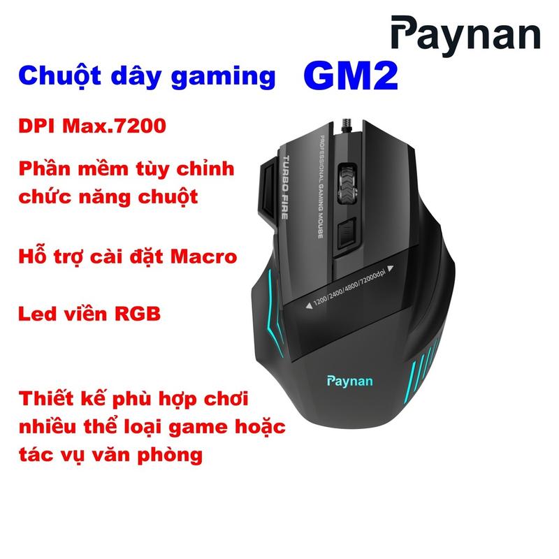 Chuột dây gaming Paynan GM2 có app điều chỉnh cài đặt macro độ nhạy max 7200DPI led viền chuyên chơi game hoặc văn phòng