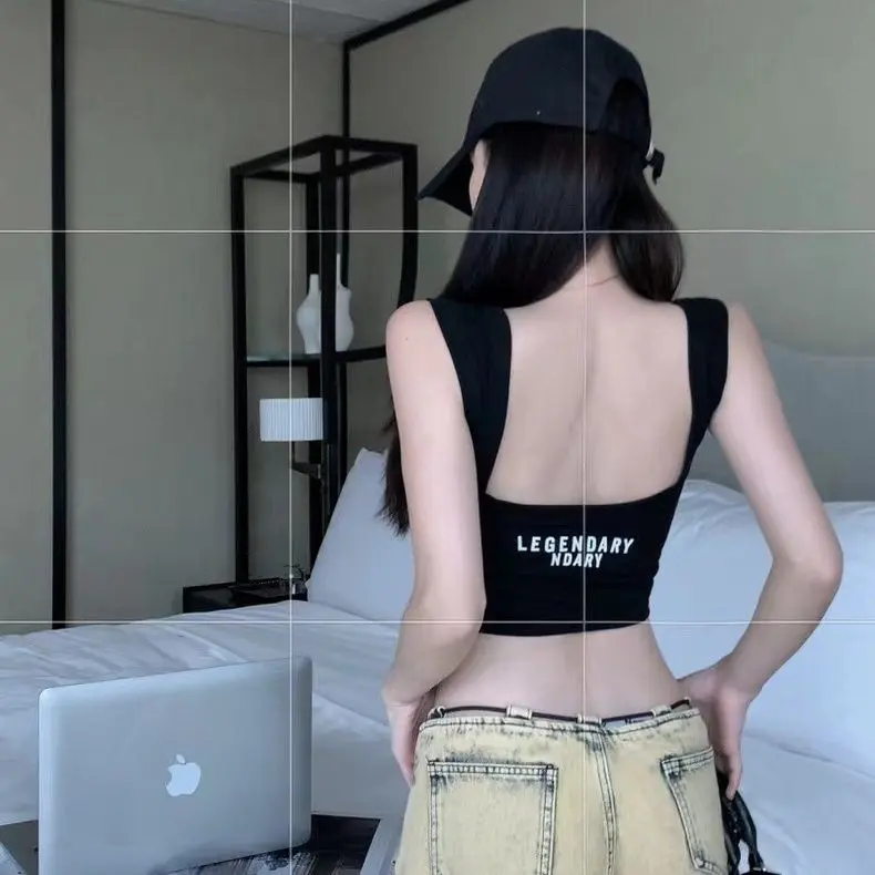 Áo Liền Quần Cotton Nguyên Chất, Lưng Đẹp, Dây Đeo Dây Đeo Dài Đến Eo, Dành Cho Nữ, Ngắn, Thích Hợp Cho Mùa Hè, Có Thể Mặc Bên Trong Hoặc Bên Ngoài, Thiết Kế Gợi Cảm Và Cô Gái Nóng Bỏng, Áo Thể Thao, Màu Đen