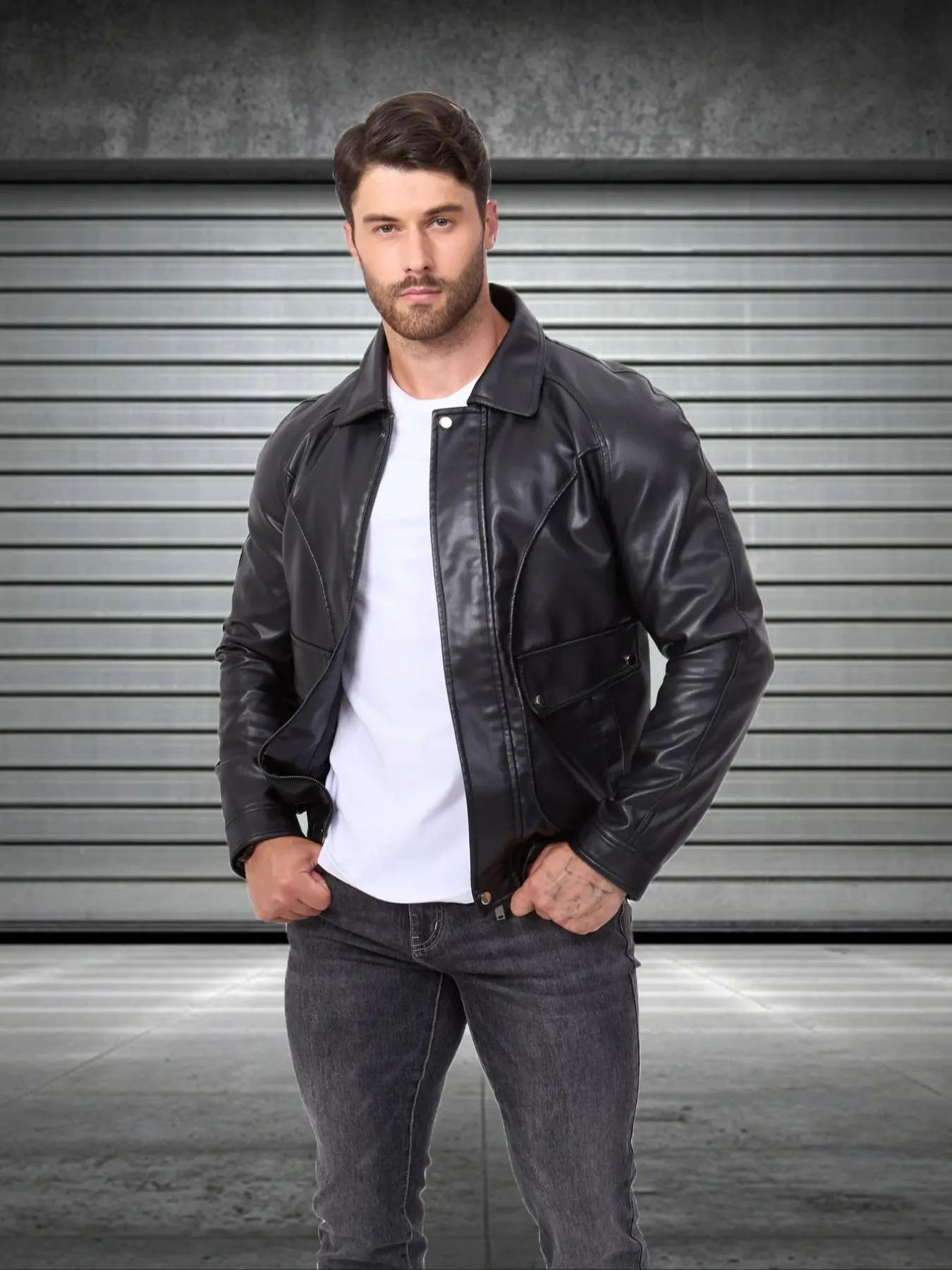 Men's Solid Color PU Leather Jacket, Casual Long Sleeve Collared Outerwear for Fall & Winter, Fashion Men's Clothes for Daily Wear