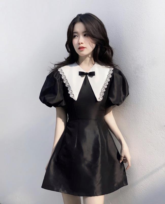 Váy nữ thiết kế tafta tay bồng cổ nơ tiểu thư sang chảnh