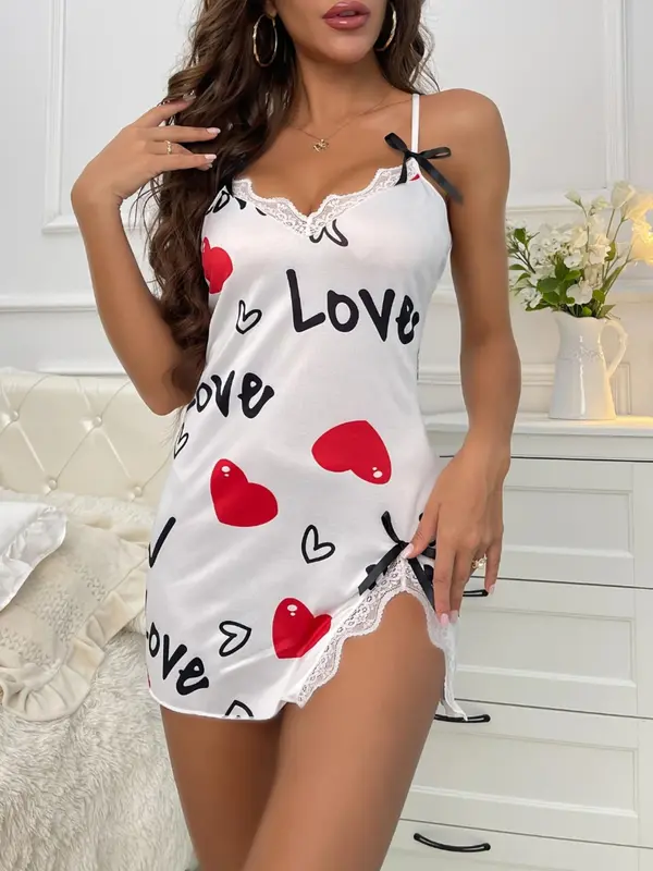 Women's Heart & Letter Print Bowknot Decor Contrast Lace Silky Cami Nightdress, Naughty Lingerie, Adjustable Spaghetti Strap Split Hem Nightgown, Soft Comfortable Sleepwear Lingerie for Women, Pyjamas for Women 1