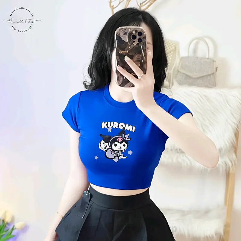 Áo Croptop Borip Ôm Body Nữ Form Basic Cổ Tròn Tay Ngắn In Hình Kuromi02, MLS243, Women Sò Sen Hoa Sen Dáng Ngắn Thun Trắng 1