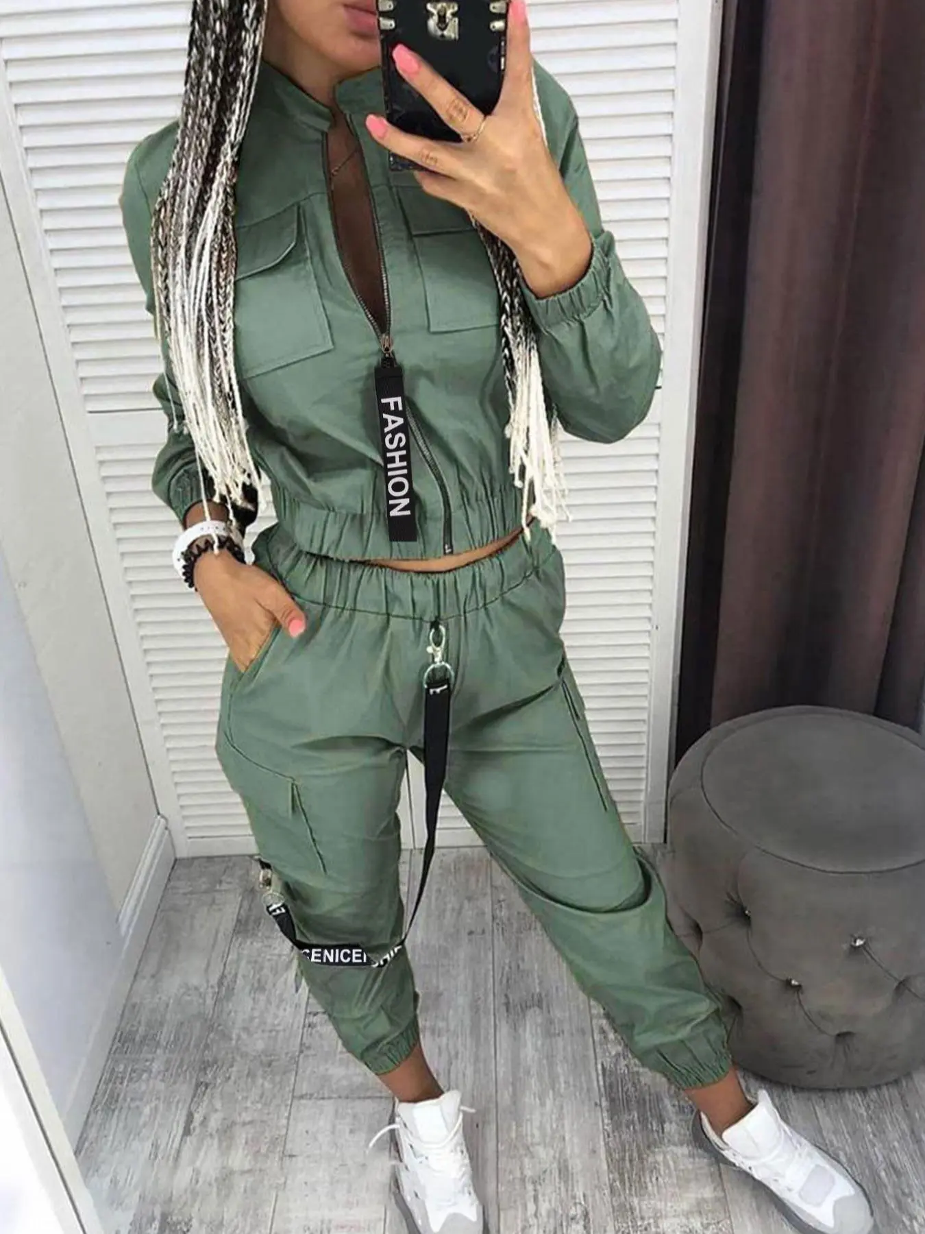 Women's Mock Neck Zip Up Jacket & Elastic Waist Cargo Pants Set, Longsleeves Zipper Outerwear & Multi-pocket Trousers, Casual Street Style Spring & Fall