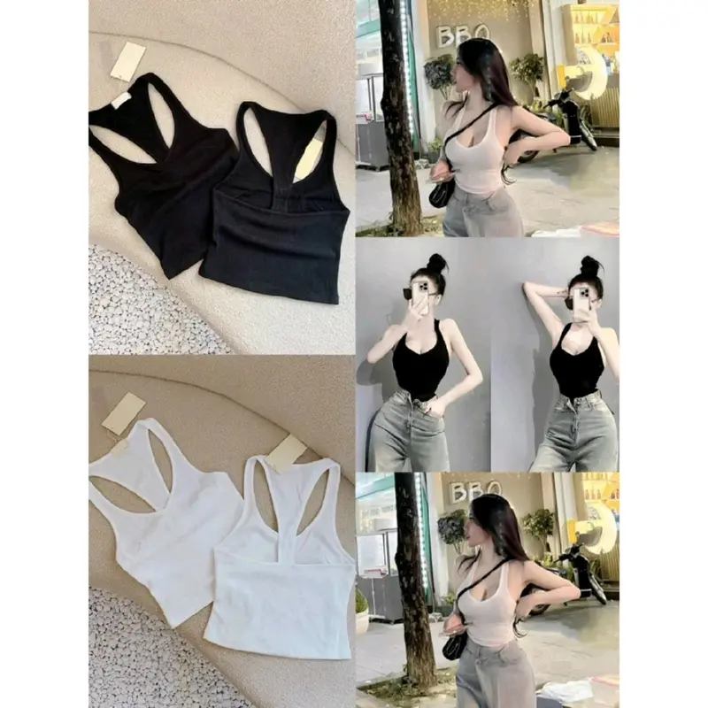 Áo ba lỗ nữ hở lưng cá tính . Áo ba lỗ cổ tim thun gân Top Women Jean Voan Voi Đen Áo thun 1