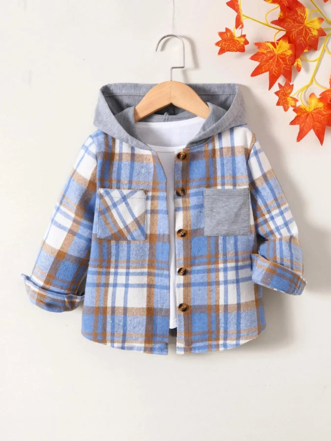 Toddler Boy's Plaid Print Button Front Hooded Jacket, Kids Clothes