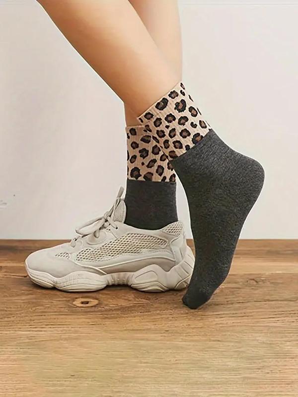 Women's Colorblock & Leopard Patchwork Print Crew Socks, Fashion Casual Comfy Socks for Daily Outdoor Wear, Socks for Women for All Seasons, Socks for Women 2