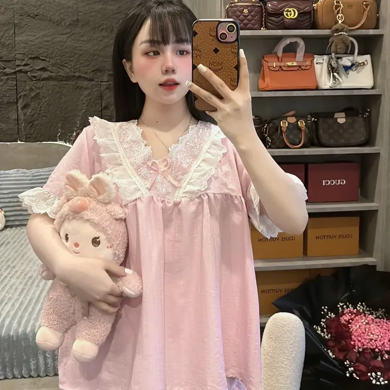 40-58kg Áo dáng babydoll Bộ đũi mềm mịn mát cổ V phối ren xinh 3