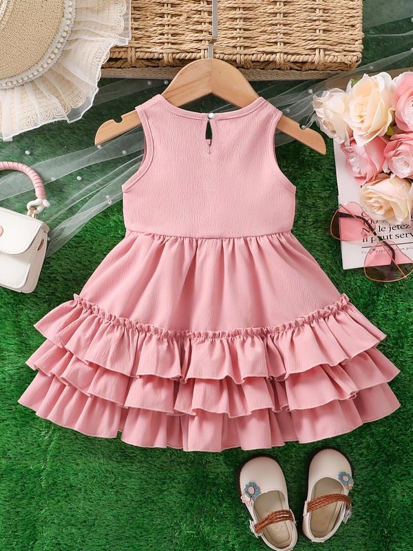 Girl's Solid Bow Decor Ruffle Trim Dress, Cute Casual Sleeveless A Line Dress for Summer, Kids Clothes for Daily Wear 3