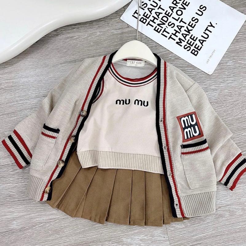 (Shopmesockids) Sét 3 chi tiết MU MU áo khoác len tăm thỏ mix áo cotton kèm váy xoè cho bé gái set đồ
