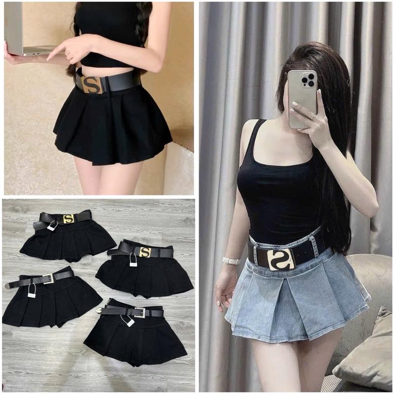 Chân váy jeans xếp ly ngắn kèm đai S Ôm gọn-KIM UYÊN BTQ Women Nữ