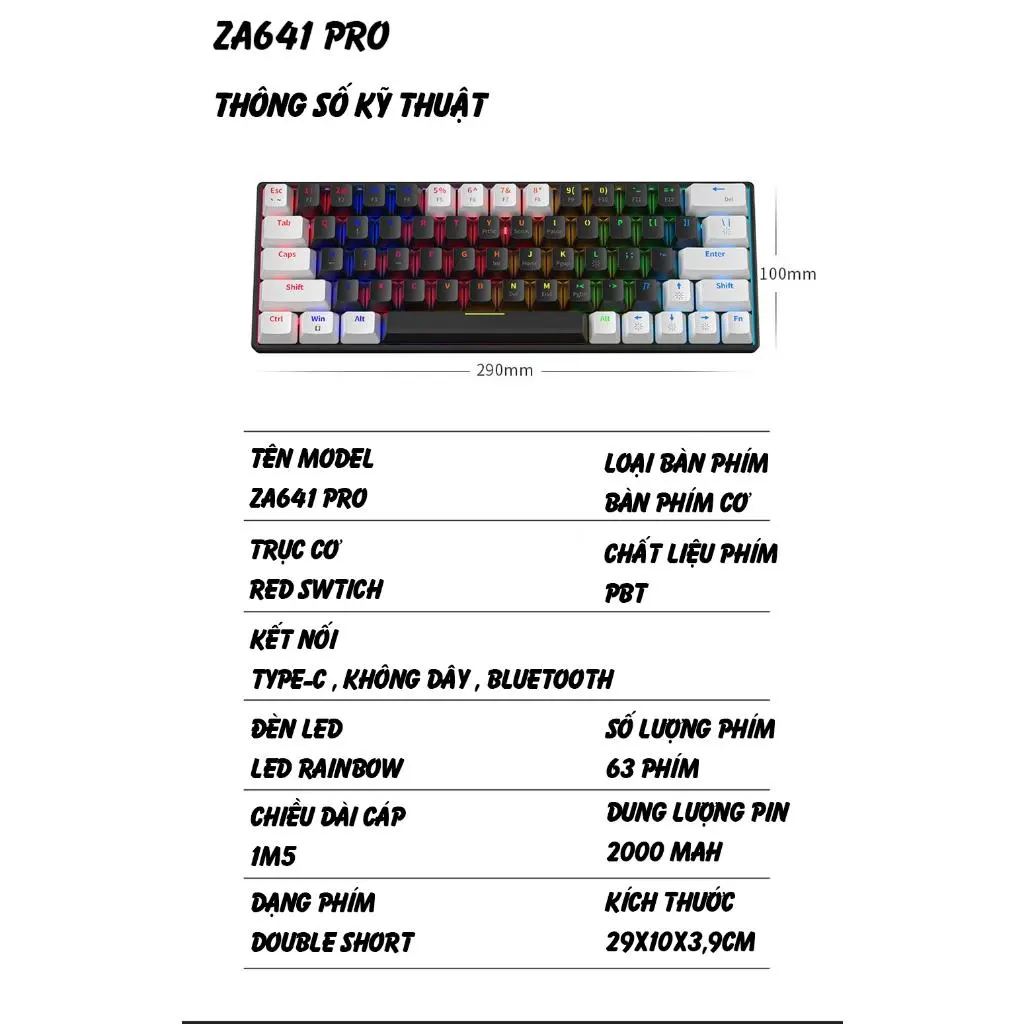 Bàn Phím Cơ ATAS ZA641 V2 Không Dây Bluetooth 3 Mode kết nối - Red swtich Có Hotswap - Pin sạc - LED Rainbown | BigBuy360 - bigbuy360.vn
