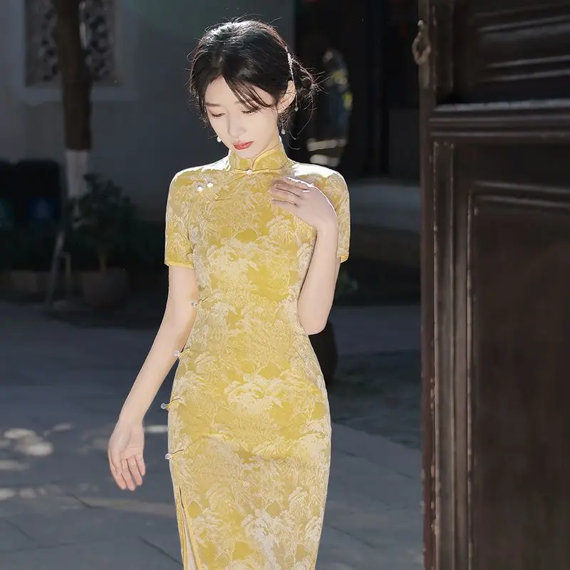 Sườn Xám Cắt Xương Màu Vàng, Thiết Kế Mới Cải Tiến, Thích Hợp Cho Bé Gái, Mặc Mùa Hè, Phong Cách Thanh Lịch, Váy Dài, Thích Hợp Cho Phụ Nữ Trung Người Già Women Dress
