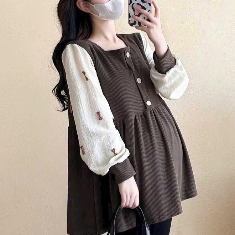 Áo bầu nỉ tăm nhung babidol cổ vuông pha tay voan gắn nơ