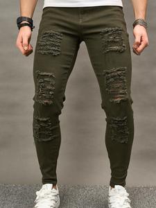 Men's Solid Color Ripped Jeans, Casual Comfy Denim Pants for Daily Wear, Fashion Men's Bottoms for All Seasons, Cotton
