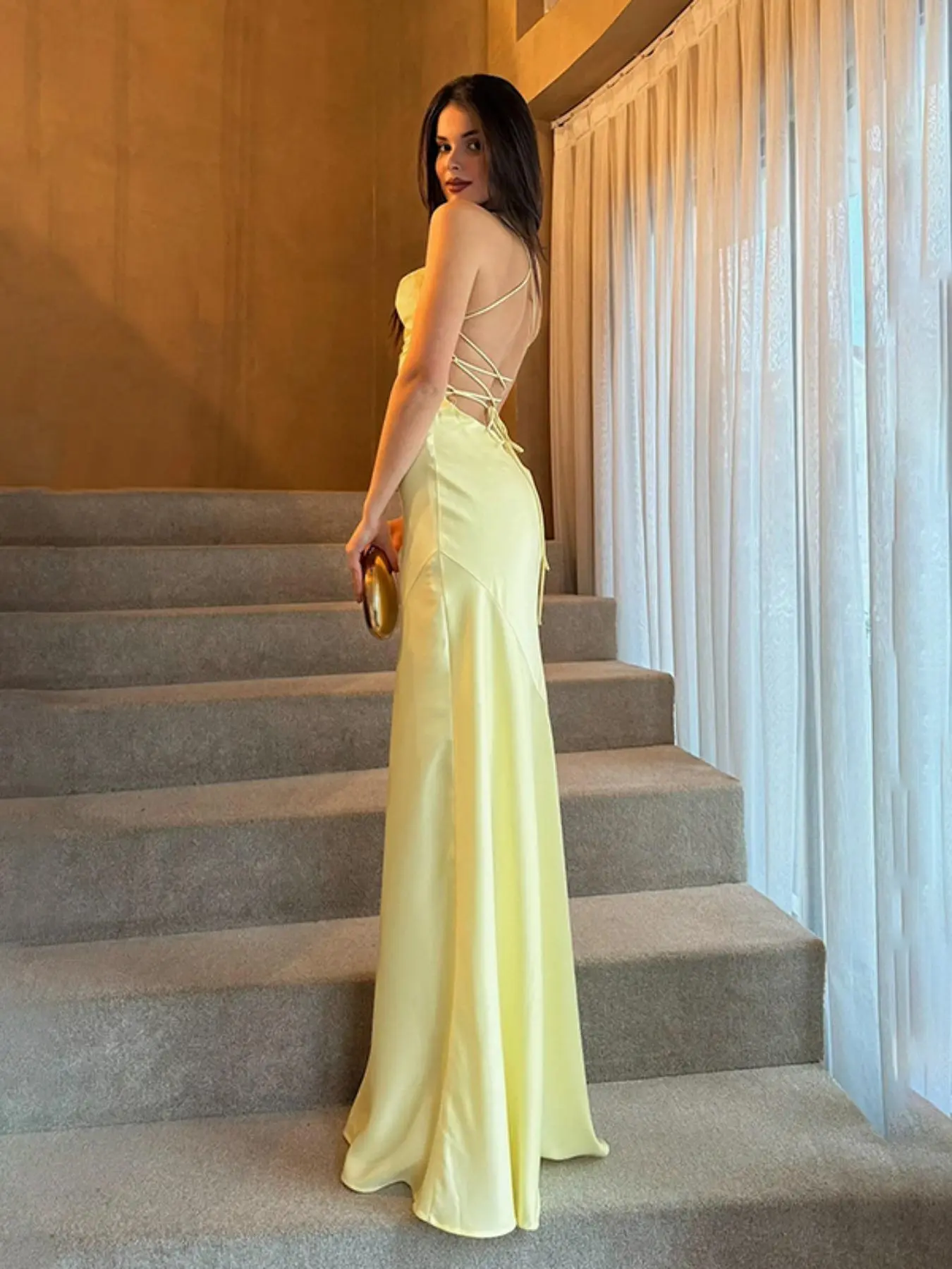 Women's Plain Lace Up Backless Dress, Elegant Sleeveless Evening Party Gown, Ladies Summer Clothes