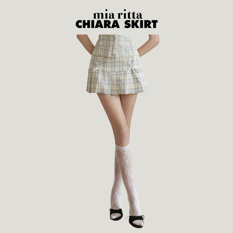 Chân váy xếp li Chiara Skirt Mia Ritta V1085 - Chân váy ngắn kẻ vàng rút dây hông - Chân váy tennis kẻ kèm quần