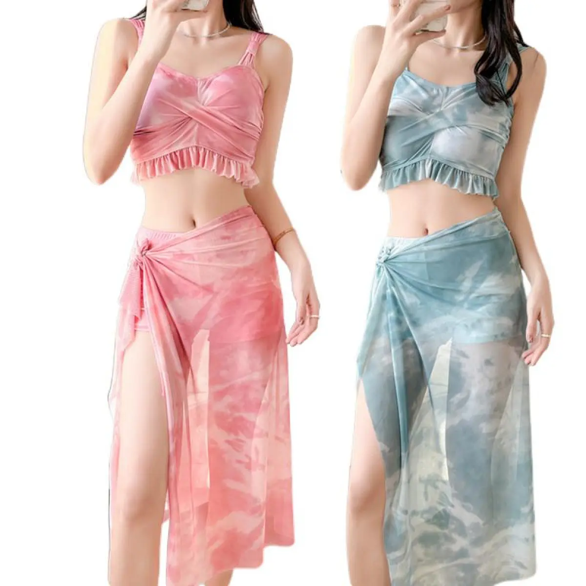 Bikini Two-Piece Swimsuit for Women, Bikini Three-Piece Set, Beach Vacation, Conservative, Tummy Covering, Slimming, Hot Spring