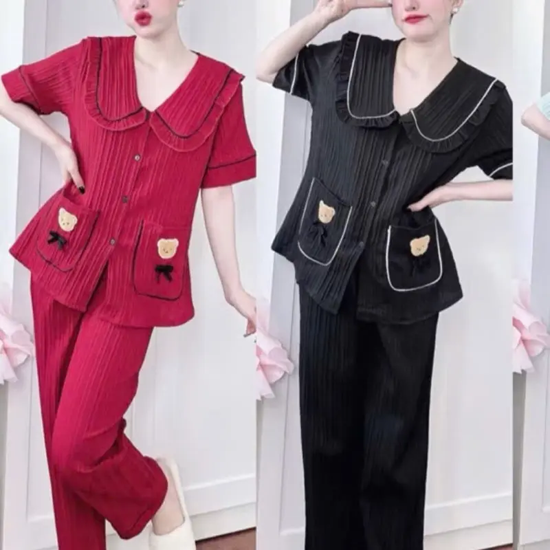 Đồ ngủ xinh , đồ bộ pijama tay ngắn quần dài túi gấu chất đũi gân mềm (size 40-58kg) có 9 màu để lựa chọn ( Cao < 1m62)