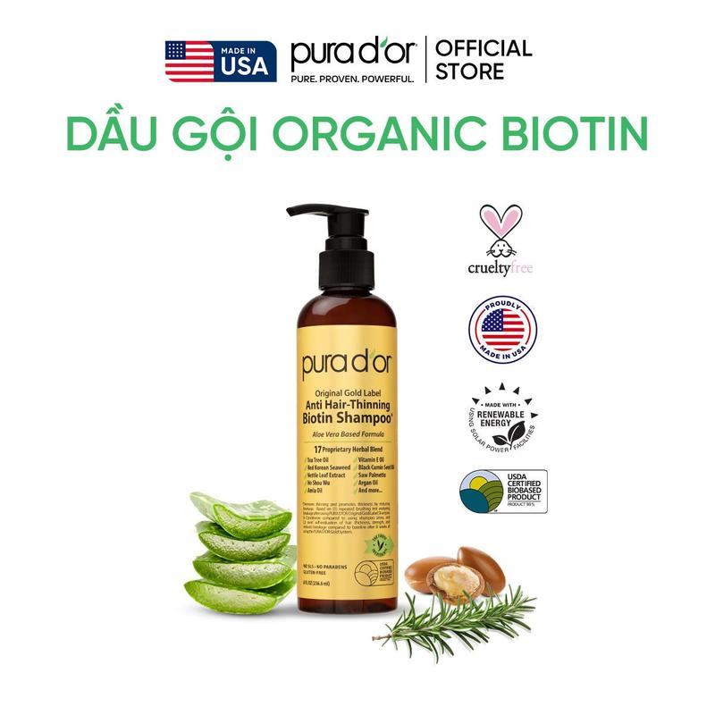 Dầu Gội Hữu Cơ Hỗ Trợ Giảm rụng tóc, mọc tóc Biotin Pura D'or Original Gold Label Chăm Sóc Tóc