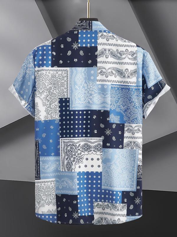 Men's Regular Fit Paisley Print Button Front Shirt, Summer Clothes, Boho Casual Short Sleeve Collared Top for Summer, Men's Clothes for Vacation Holiday Wear 8