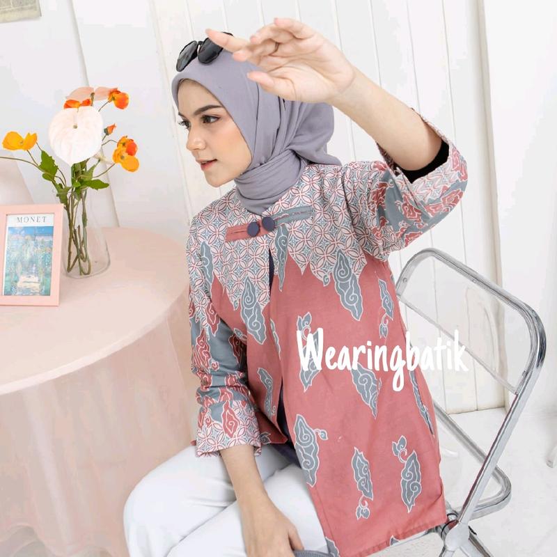 Blouse Mega Mendung - Baju Batik Wanita Kerja Blouse Motif Mega Mendung Warna soft 2