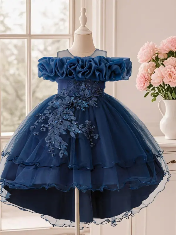 Girl's Sequin Decor Multi-layer Tulle Party Dress, Elegant Flower Design Sleeveless Sweater Dress for Party Performance Wedding Guest, Kids Clothes for Four Seasons, Tutu Princess Dress 6