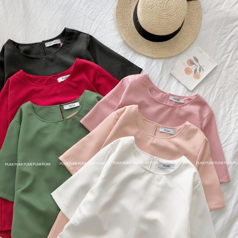 Áo kiểu baby doll peplum nữ cổ tròn tay ngắn nhiều màu freesize Pumi 15684 Women Top Kem 5