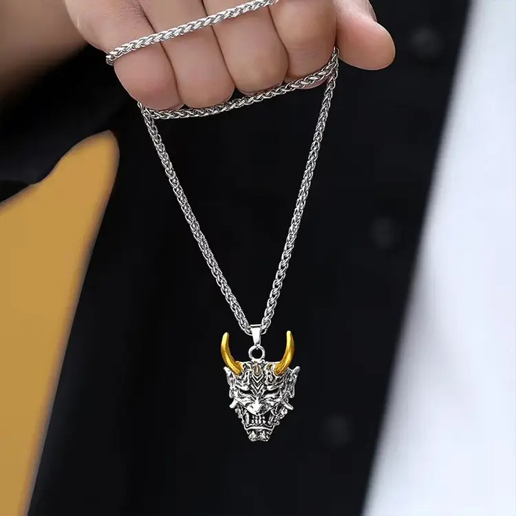 Topeng Prajna Vintage Gelap Kalung Baja Titanium Pria Tanduk Panjang Raja Kalung Stainless Steel 0