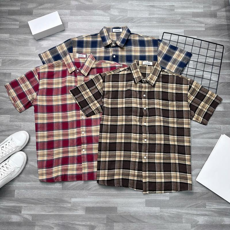 [A138] Áo sơ mi nam tay ngắn vải caro nỉ mềm kiểu dáng thời trang cá tính caro nâu caro đỏ caro xanh có túi có cổ Shirt Menswear Top