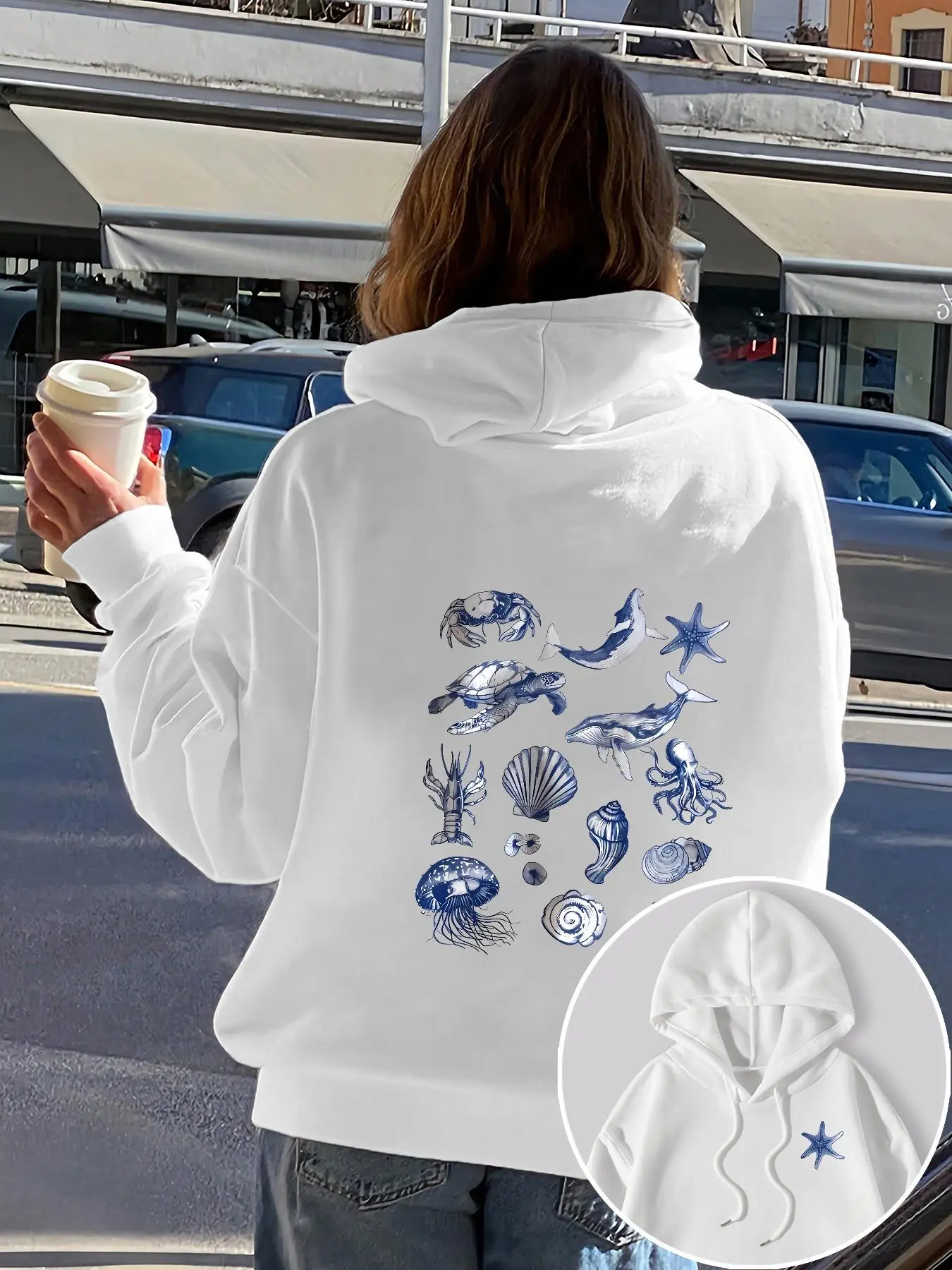 Women's Marine Life Print Double-sided Hoodie, Casual Long Sleeve Hooded Sweatshirt for Daily Wear, Ladies Clothes for All Seasons