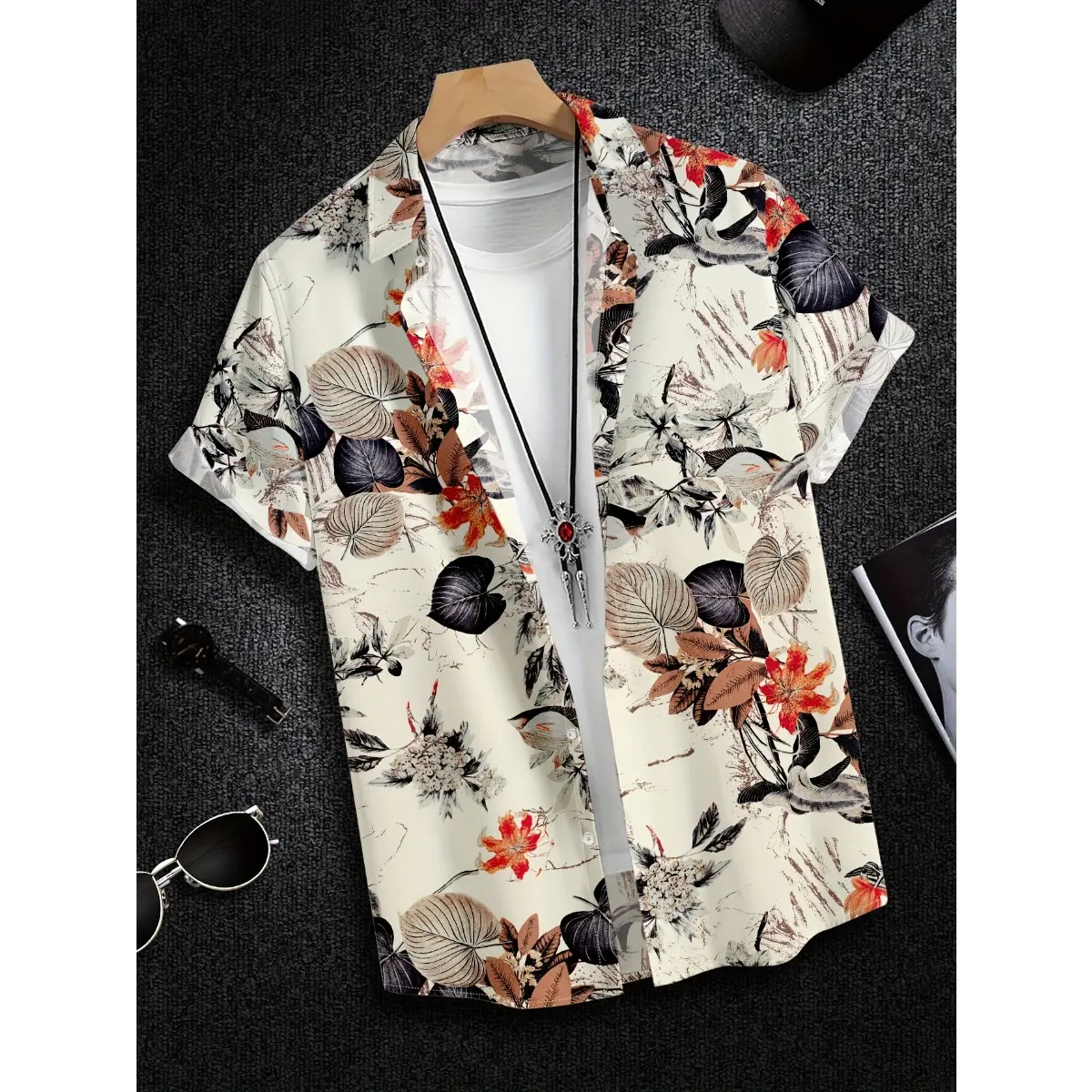 Áo Sơ Mi ngắn Tay Thường Ngày Dành Cho Nam Giới, Có In Hình Lá, Được Làm Bằng Polyester Thoáng Khí, Thiết Kế Nút, Thích Hợp Cho Kỳ Nghỉ Và Trang Phục Thường Ngày Menswear Cổ Tròn
