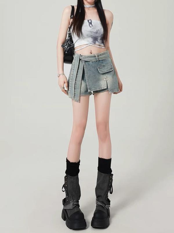 Chân váy jean, quần giả váy cạp cao túi đính nơ CV162 Nữ Women Voi Xanh