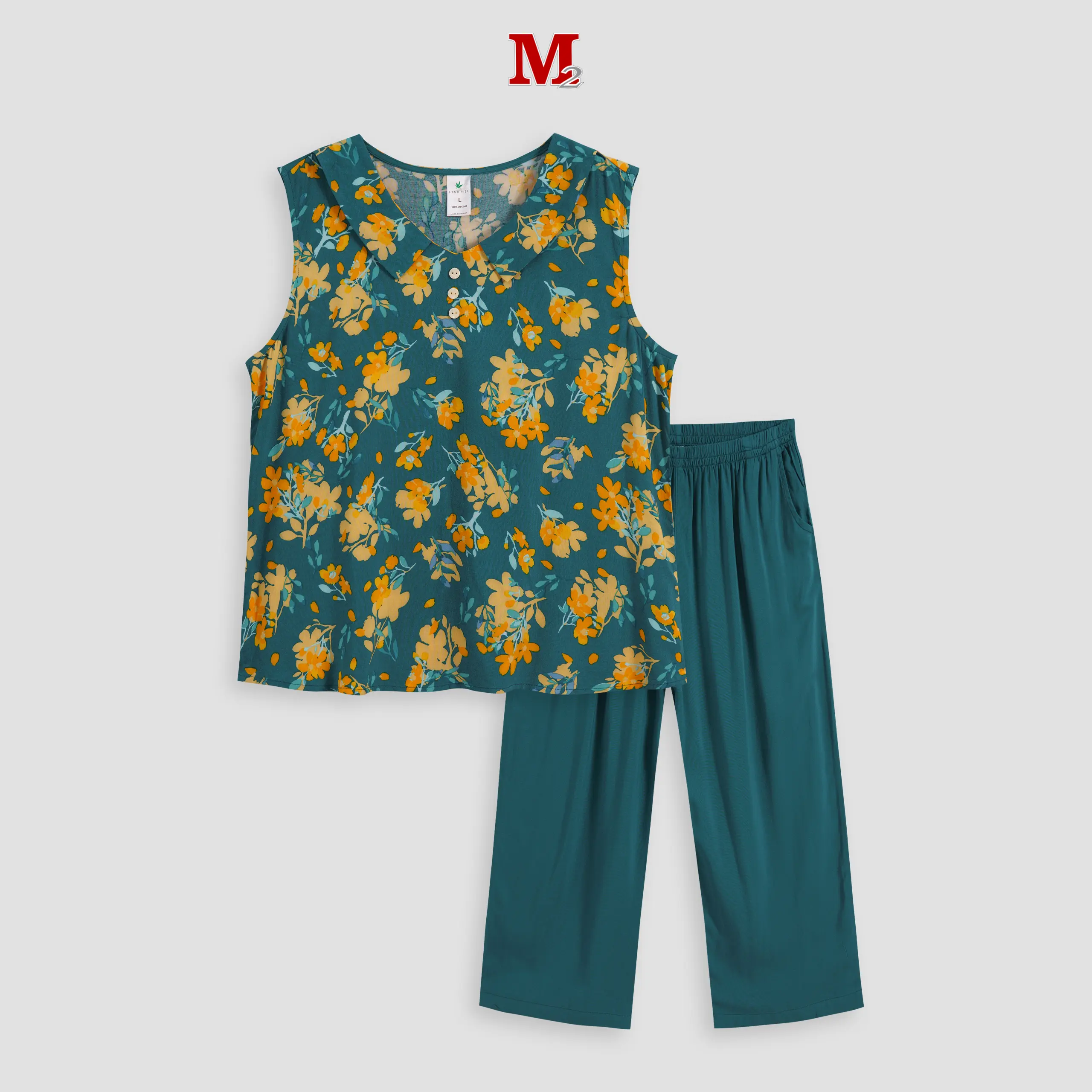 Bộ đồ mặc nhà nữ lanh quần lửng và áo cộc tay họa tiết LB2114 Thời trang M2 Women Lanh dobo tay