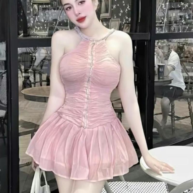 Đầm nhún cổ yếm đính dây đá dáng xoè kèm quần rời Nữ 0