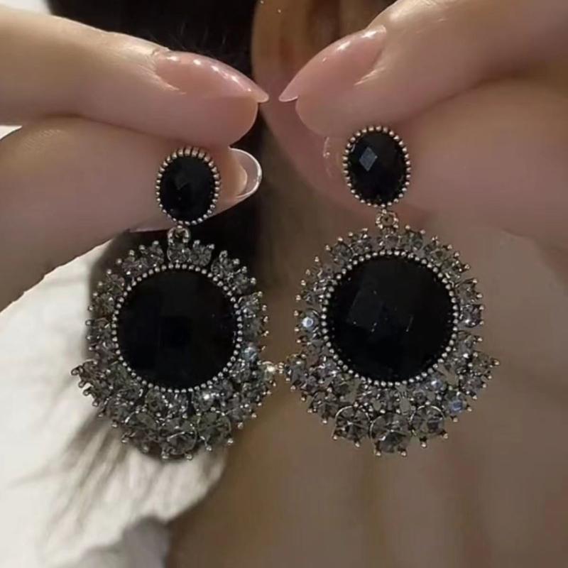 Product Introduction of 925 silver needle 2024 New Super sparkling earrings black crystal earrings round niche lovely women earrings high grade 0