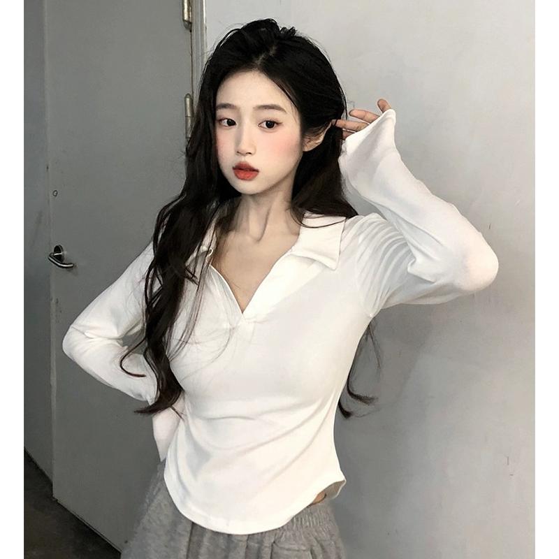 Áo polo dài tay tăm lạnh vạt bầu áo thun nữ len trung dài tay dễ thương Top Jean