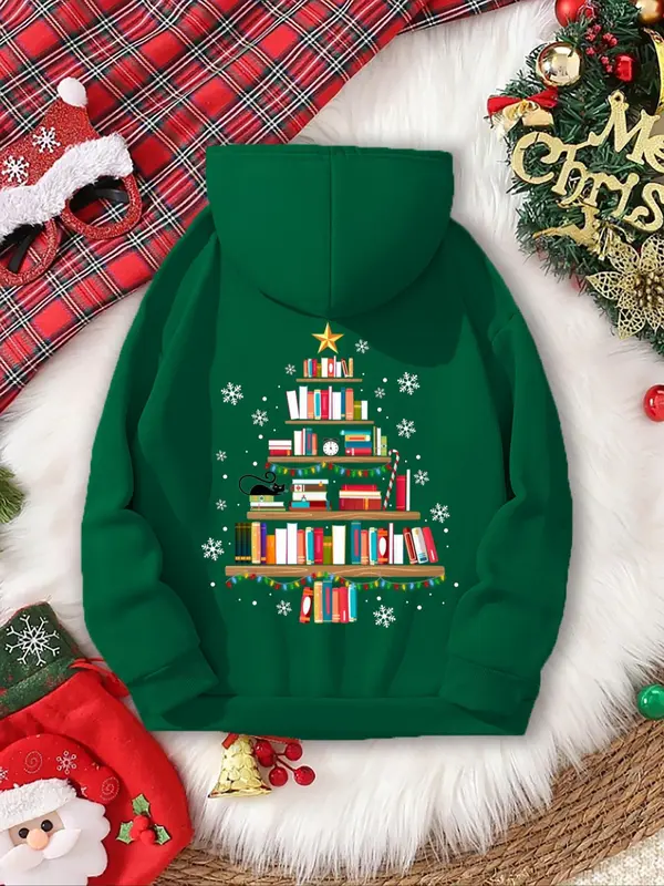 Women's Christmas Tree & Book Print Drop Shoulder Hoodie, Fashion Casual Drawstring Pocket Hooded Sweatshirt for Daily Holiday Outdoor Wear, Women Clothing for Fall & Winter 2