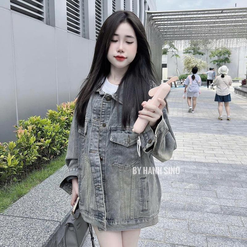 Áo khoác jean nữ tay dài form rộng trơn màu xanh bụi,Áo Jeans nữ, áo jeans Basic dáng rộng [Áo bò Esential] 6
