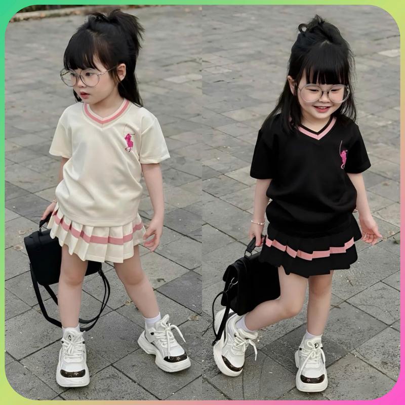 Sét váy xếp ly cổ tim thêu hình ngựa cho bé gái 9-35kg, chất cotton mềm mịn - Phương Tùng Kids Baby Tee  Áo Top Women