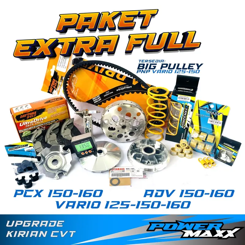 PAKET EXTRA FULL UPGRADE KIRIAN CVT vario pcx adv 125 150 160 old led bolam thailand vietnam indonesia lokal racing - Pulley Set ( Rumah Roller & Kipas Pulley ) + Mangkok Kampas Ganda + Per CVT + Roller + Per Kampas Ganda + Ekstra Pelengkap - powermaxx 0