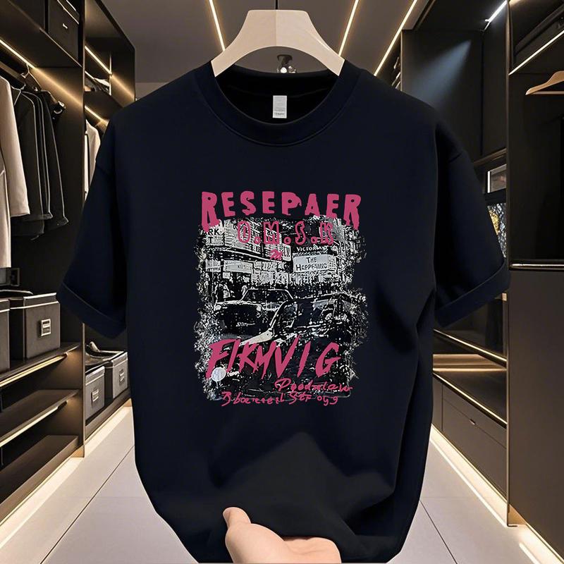 100% cotton Mùa hè  Cổ tròn Cao cấp form rộng áo phông nam đơn giản Mặc hàng  Dễ phối đồ Phong cách hồng kông Oversize thấm hút mồ hôi co dãn 4 chiều dày dặn