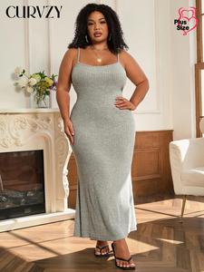 CURVZY Plus Size Solid Color Ribbed Mermaid Dress, Casual Sleeveless Maxi Dress for Summer, Women's Clothing for Daily Wear