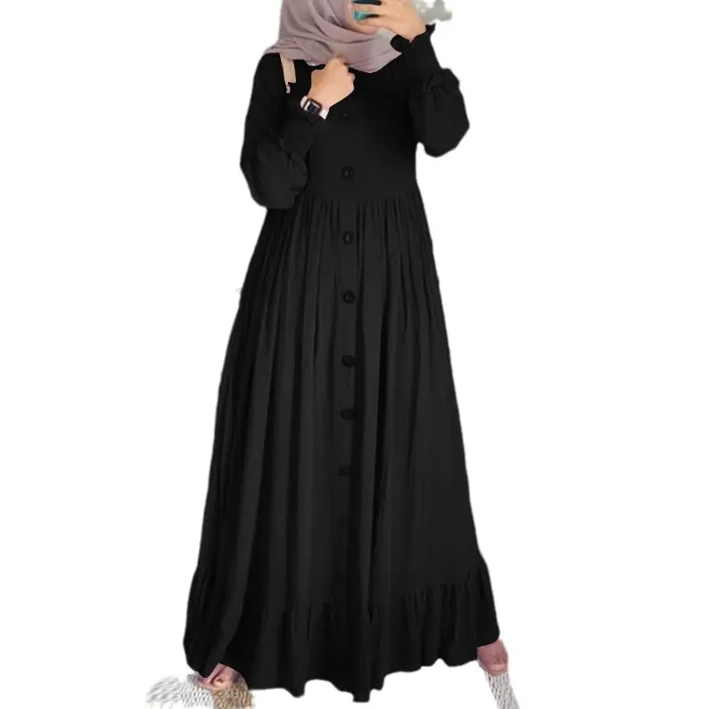 Spring and Autumn New Muslim Cotton and Linen Artistic Casual Loose Large Size round Neck Frill Dress
