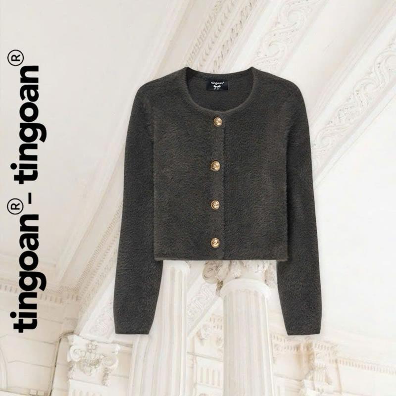 TINGOAN - Áo len lông bông xù xám đậm dáng lửng phối cúc kim loại LISA LOVE TOP GR