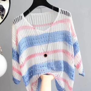 Spring Summer Lazy Style Lace Hollow Loose Soft Skin-Friendly Breathable Striped Fashion Casual Knitted Striped Shirt