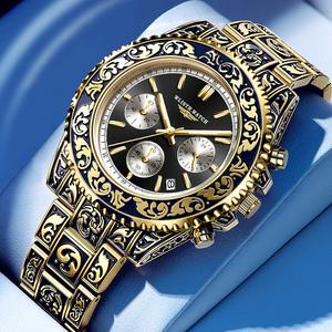 Jam Tangan Lelaki, WOLISH, Pelbagai fungsi, Jam Tangan Kuarza Ukiran Retro, Jam Tangan Kalendar, Jualan Panas di Asia Tenggara, Jam Tangan Hantu Air, Fesyen, Sesuai untuk Perniagaan dan Pakaian Kasual