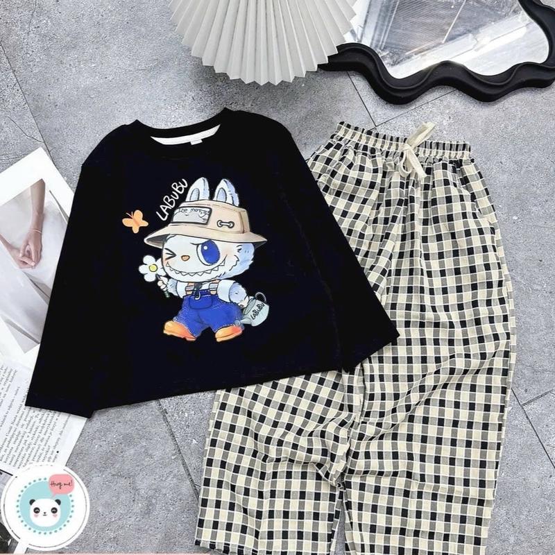  Bộ dài tay Labubu quần kẻ sọc caro áo cotton thun dày dặn mềm mịn size 14-42kg Cho Bé Vải Cotton 