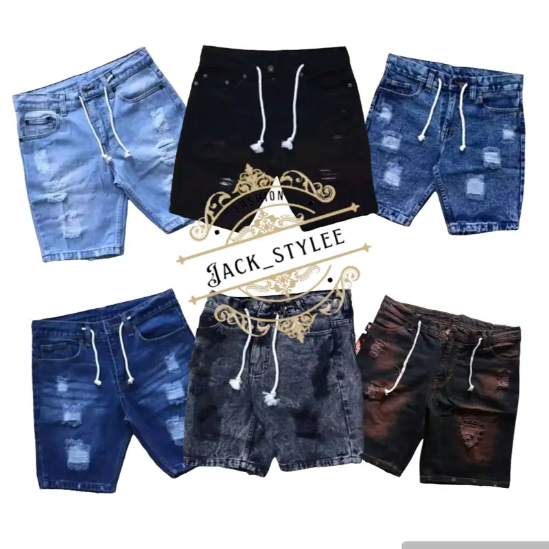Celana Jeans Pendek Sobek Pria Cowok Non street Distro Santai Ripped Hitam 0