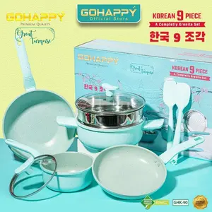 [FLASHSALE & COD] Panci 1 Set Lengkap Gohappy Panci Set Korean 9 piece - Beautiful Pink granite - Casserole Fry Milk Wok Pan glass granit Peralatan Silicone - Great Turqoise